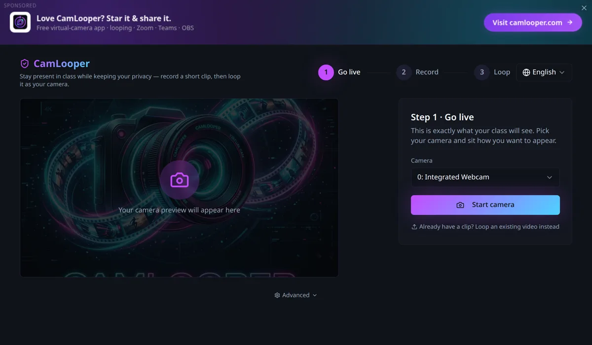 CamLooper on step 1, Go live: a camera dropdown and a Start camera button beside an empty preview area.