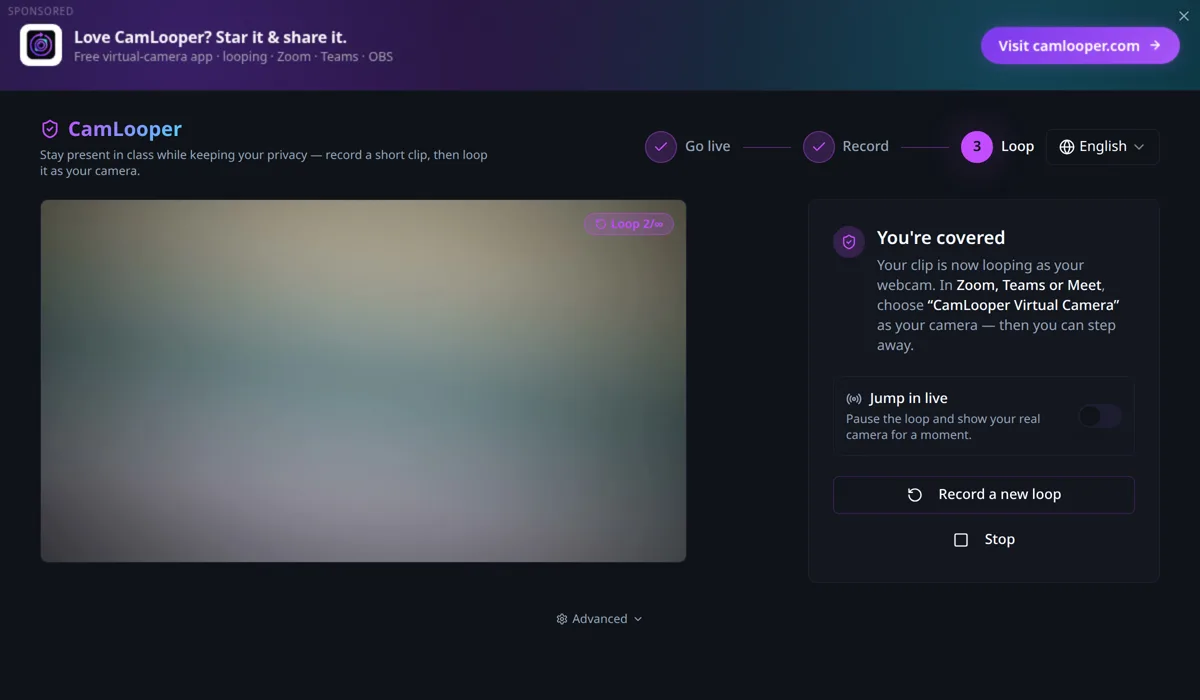 CamLooper on step 3, Loop: a You're covered panel, a Jump in live toggle, and a Loop 2 of infinity badge over the preview.