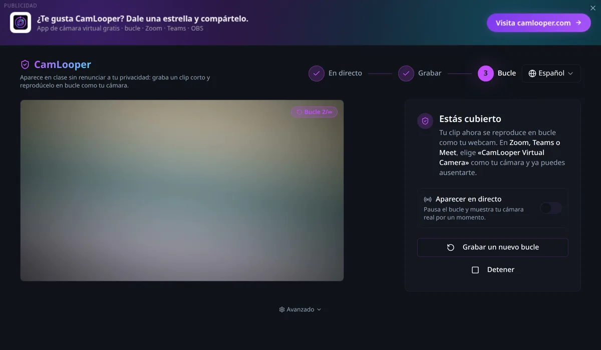 CamLooper en el paso 3, Bucle: un panel Estás cubierto, un interruptor Aparecer en directo y una insignia Bucle 2/∞ sobre la vista previa.