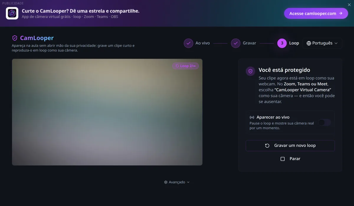 CamLooper no passo 3, Loop: um painel Você está protegido, um botão Aparecer ao vivo e um selo Loop 2/∞ sobre a pré-visualização.