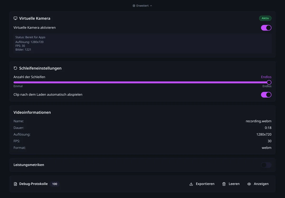 Der Bereich „Erweitert“ von CamLooper mit Status der virtuellen Kamera, Schleifeneinstellungen, Videoinformationen, Leistungsmetriken und Debug-Protokollen.