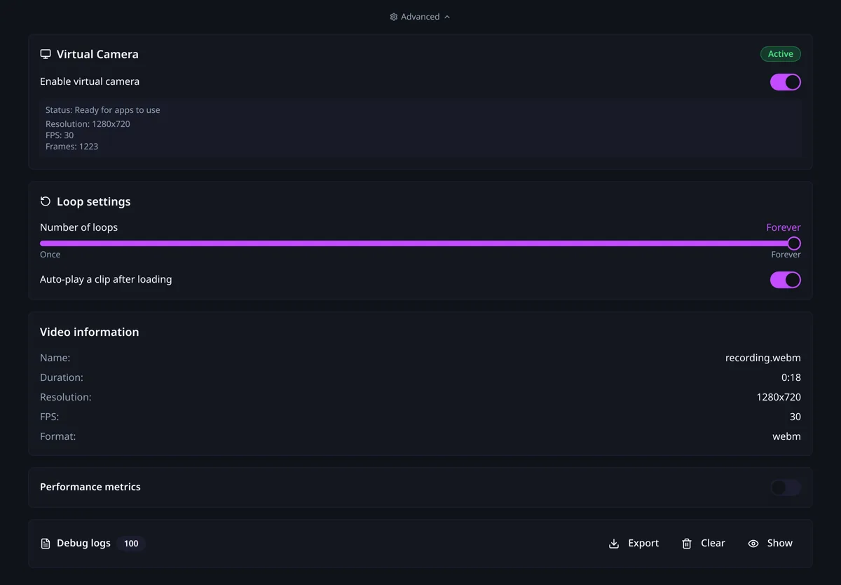 CamLooper's Advanced panel showing virtual camera status, loop settings, video information, performance metrics and debug logs.