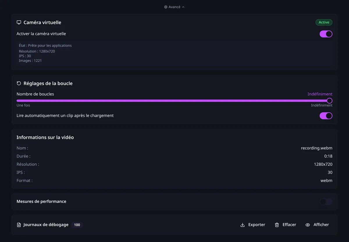 Le panneau Avancé de CamLooper affichant l'état de la caméra virtuelle, les réglages de la boucle, les informations sur la vidéo, les mesures de performance et les journaux de débogage.