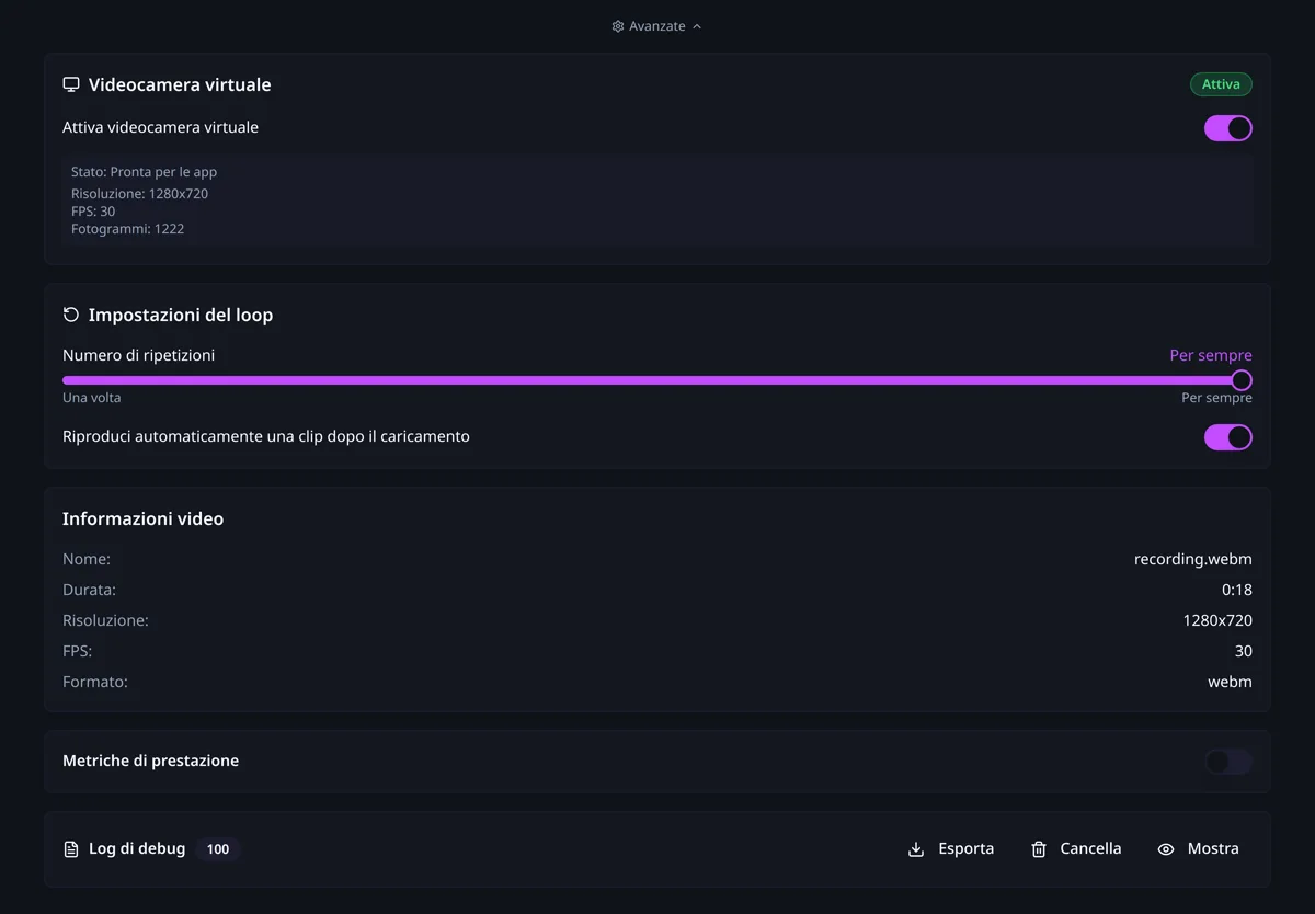 Il pannello Avanzate di CamLooper con lo stato della videocamera virtuale, le impostazioni del loop, le informazioni video, le metriche di prestazione e i log di debug.