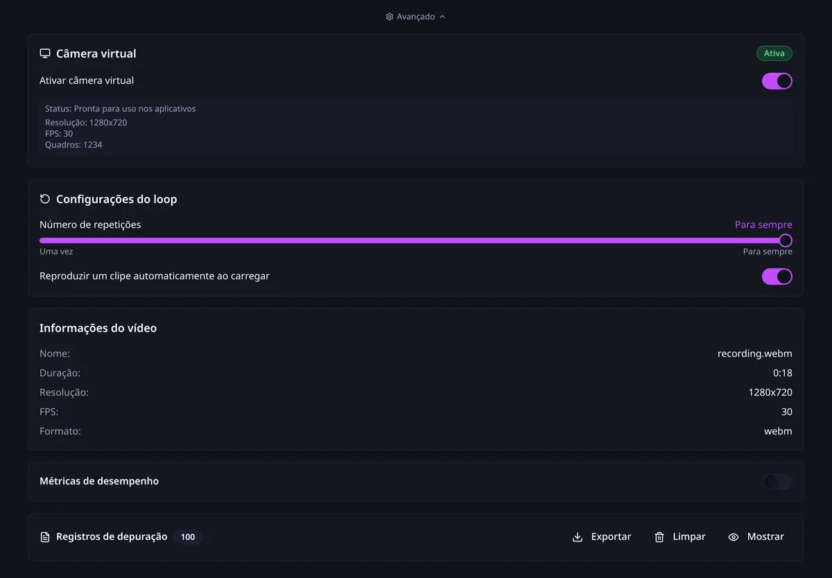 O painel Avançado do CamLooper mostrando o status da câmera virtual, as configurações do loop, as informações do vídeo, as métricas de desempenho e os registros de depuração.
