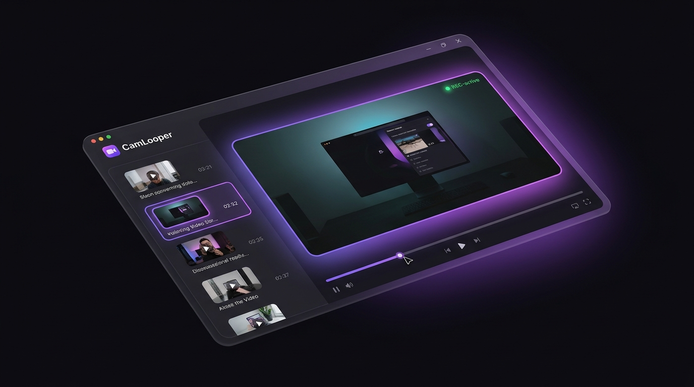 Screenshot of the CamLooper fake webcam app looping a video as a virtual camera